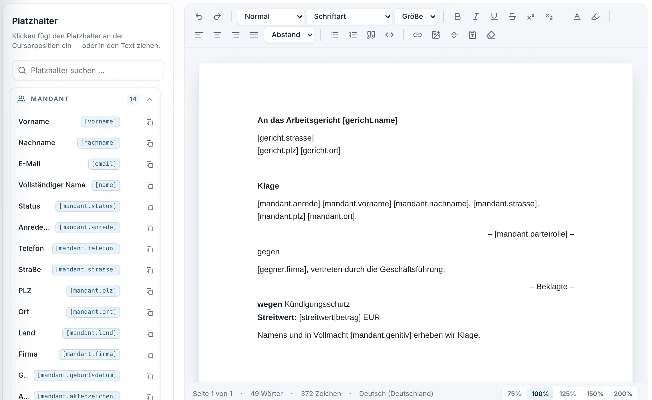 Vorlagen-Editor: links die Platzhalterliste der Akte mit vierzehn Mandanten-Feldern, rechts der Schriftsatz