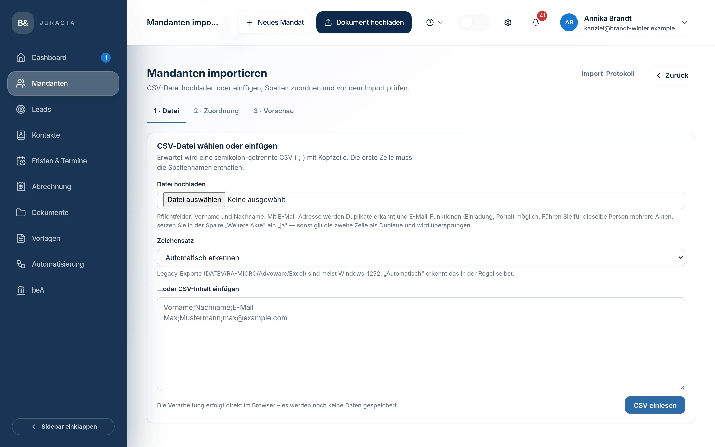 Import-Assistent, Schritt 1 von 3: Datei wählen oder CSV-Inhalt einfügen, Zeichensatz automatisch erkennen